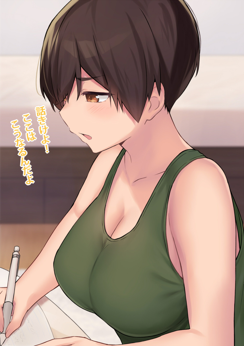 1girl bangs bare_shoulders blush breasts brown_eyes brown_hair cccpo collarbone commentary_request eyebrows_visible_through_hair green_tank_top highres holding holding_pen large_breasts open_mouth original pen short_hair solo tank_top tomboy