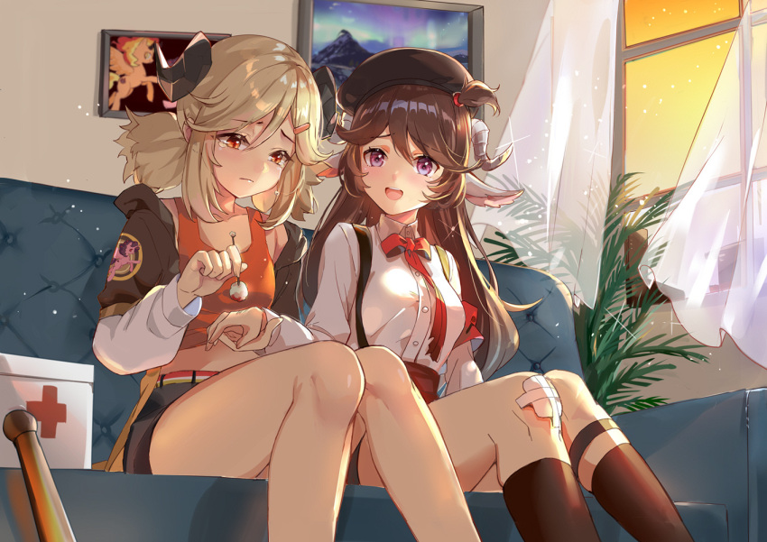 2girls :d animal_ears arknights armband bangs bare_shoulders beret black_headwear black_jacket black_shorts blush bow breasts brown_hair brown_legwear bxr closed_mouth collarbone collared_shirt commentary_request couch crying crying_with_eyes_open curled_horns curtains dress_shirt eyebrows_visible_through_hair eyjafjalla_(arknights) feet_out_of_frame first_aid_kit hair_between_eyes hair_flaps hair_ornament hairclip hat holding_hand horns ifrit_(arknights) indoors jacket kneehighs long_hair medium_breasts multiple_girls off_shoulder on_couch open_clothes open_jacket open_mouth orange_tank_top parted_bangs red_bow red_eyes sheep_ears sheep_horns shirt short_shorts short_twintails shorts sitting smile suspenders tank_top tears transparent twintails very_long_hair violet_eyes white_shirt window