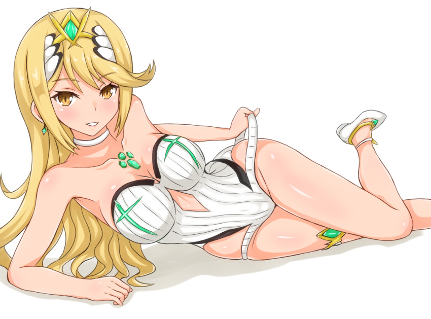 1girl artist_request ass bare_arms bare_shoulders blonde_hair blush breasts casual_one-piece_swimsuit competition_swimsuit earrings hair_between_eyes headgear mythra_(xenoblade) jewelry large_breasts linfa_lm long_hair looking_at_viewer lying nintendo one-piece_swimsuit smile solo swimsuit white_swimsuit xenoblade_(series) xenoblade_2 yellow_eyes