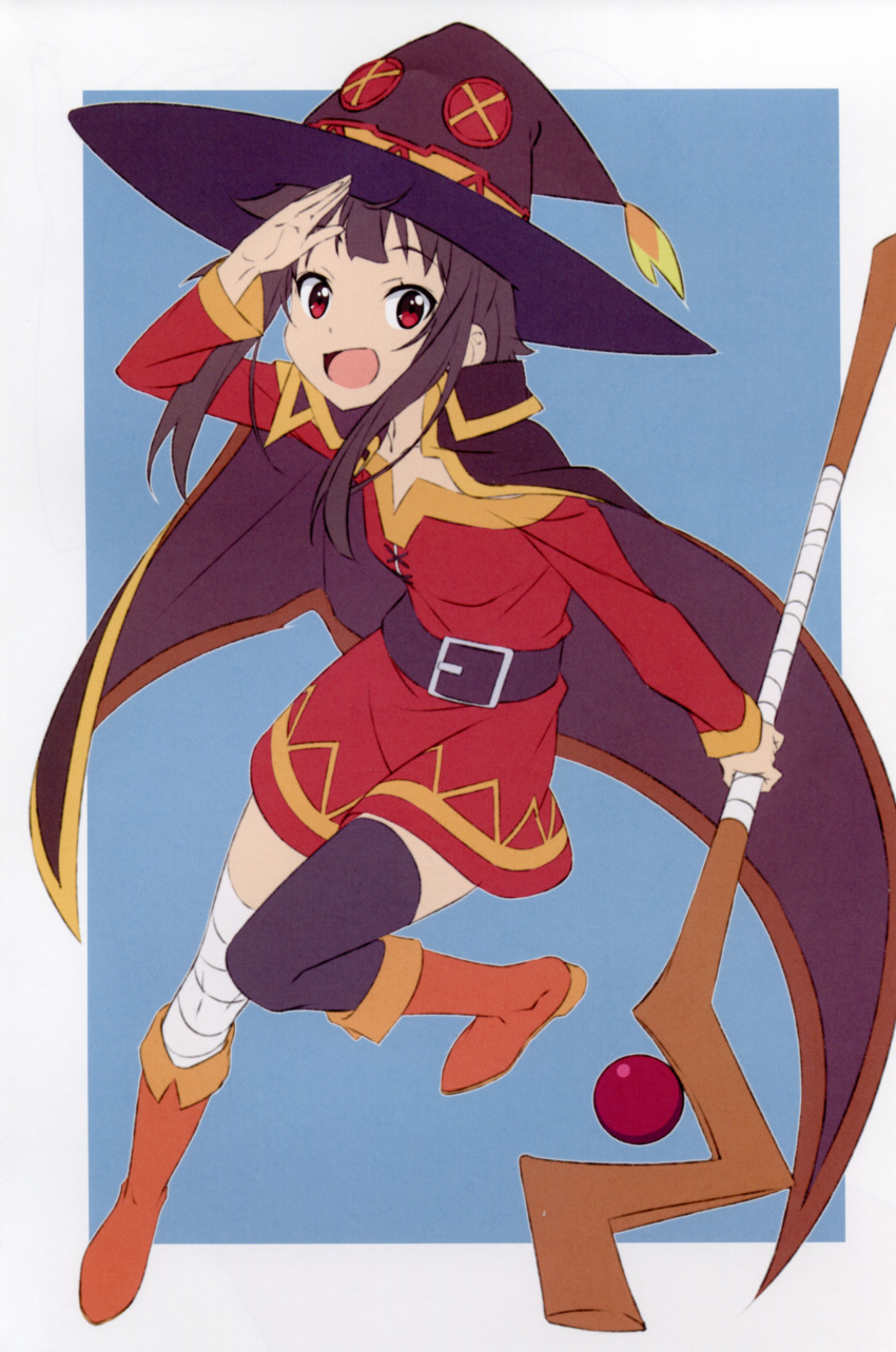 1girl absurdres bandaged_leg bandages bangs belt black_cape black_gloves black_hair black_headwear black_legwear boots cape dress eyebrows_visible_through_hair fingerless_gloves gloves happy hat highres holding holding_staff kono_subarashii_sekai_ni_shukufuku_wo! megumin open_mouth red_dress scan short_hair_with_long_locks smile staff thigh-highs witch_hat yamamoto_shuuhei