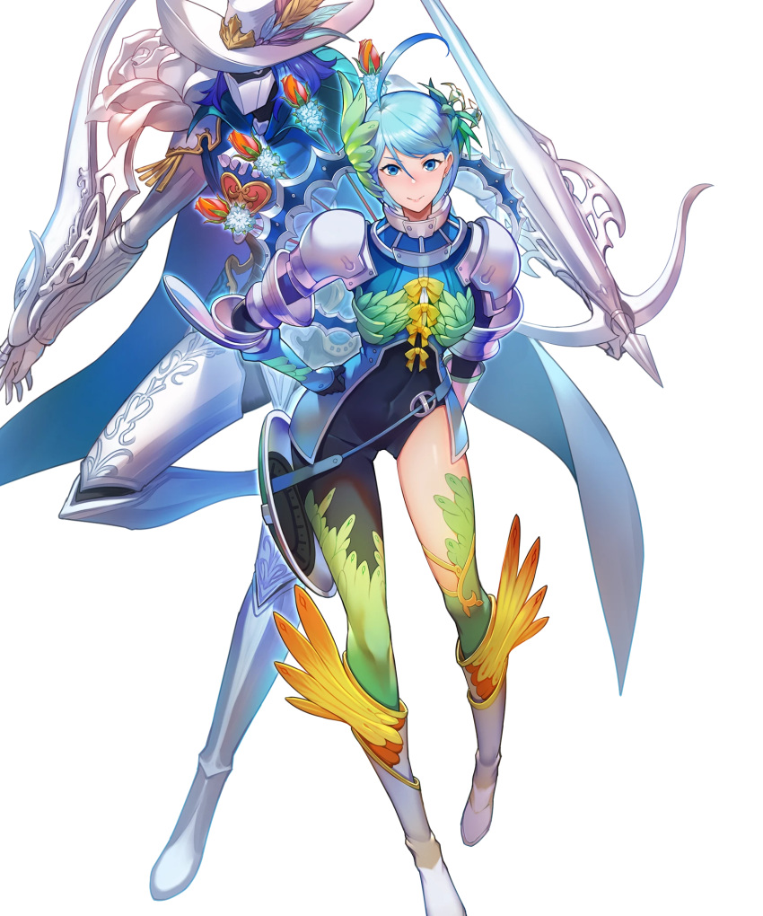 1girl ahoge armor armored_boots arrow blue_eyes blue_hair boots bow bow_(weapon) bowtie crossbow earrings feathers fire_emblem fire_emblem_heroes flower full_body gen'ei_ibunroku_sharp_fe gloves hair_ornament hat highres jewelry kakage leaf official_art quiver thigh-highs transparent_background virion_(fire_emblem) weapon yumizuru_eleanora