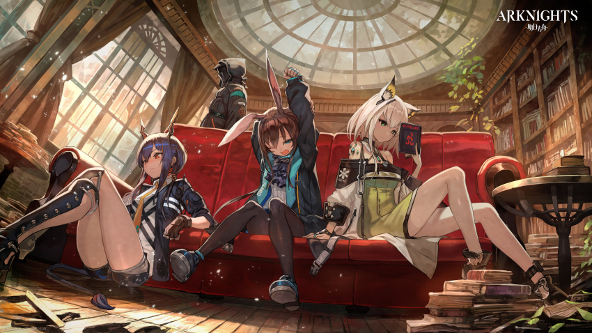 1boy 3girls absurdres amiya_(arknights) animal_ear_fluff animal_ears arknights bangs bare_shoulders black_jacket black_shorts blue_eyes blue_hair blush book bookshelf brown_hair ch'en_(arknights) closed_mouth copyright_name couch curtains detached_collar doctor_(arknights) dragon_horns fingerless_gloves full_body gloves green_eyes highres horns indoors jacket kal'tsit lack long_hair multiple_girls official_art one_eye_closed open_clothes open_jacket open_mouth pantyhose rabbit_ears reading red_eyes shirt short_hair shorts sidelocks sitting sitting_on_floor stretch tail white_shirt window yawning