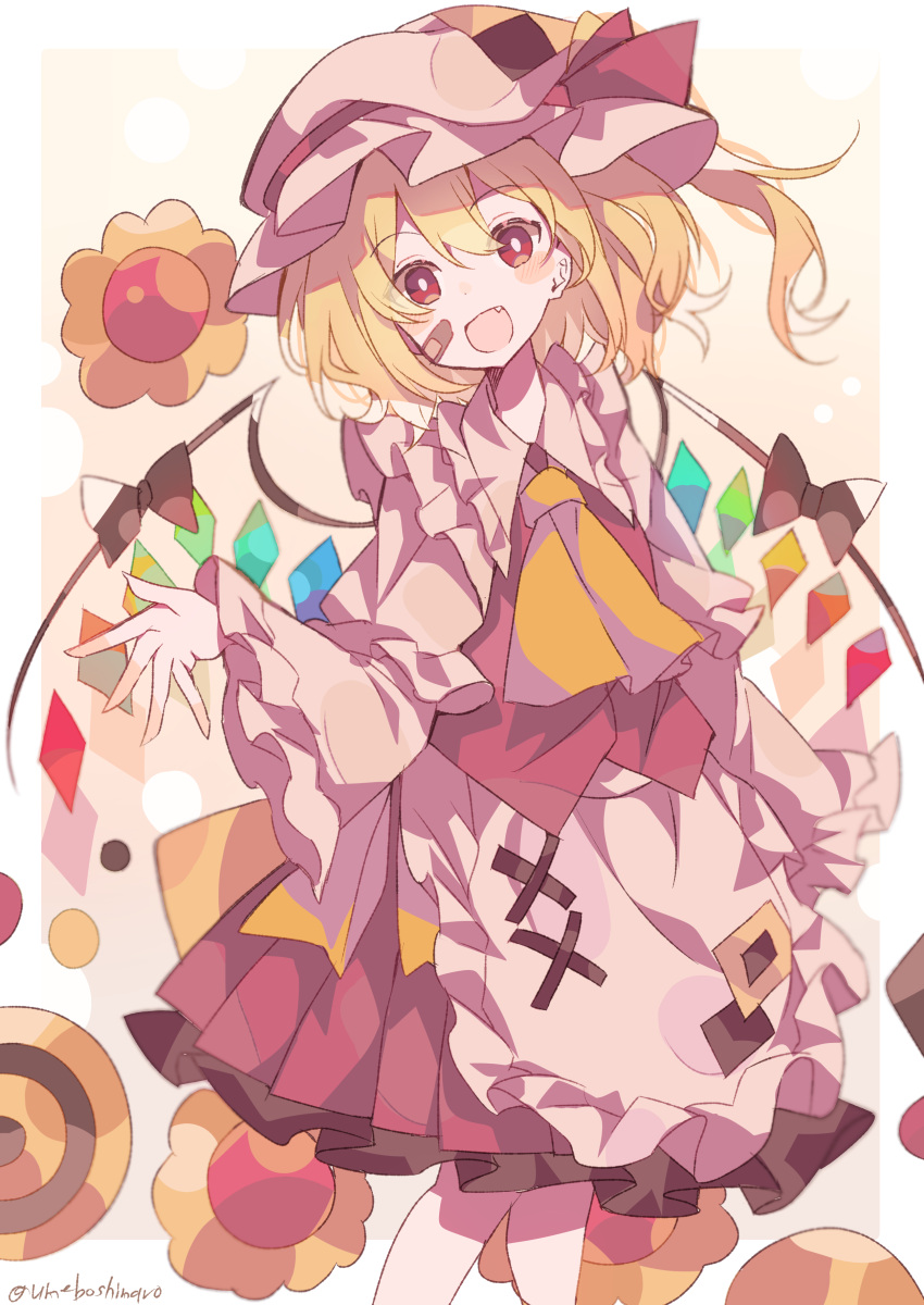 1girl absurdres apron bandaid bandaid_on_face black_bow blonde_hair blush_stickers bow crystal fang feet_out_of_frame flandre_scarlet flower frills hand_up hat hat_ribbon highres long_hair long_sleeves looking_at_viewer mob_cap open_mouth red_eyes red_ribbon red_skirt red_vest ribbon shirt side_ponytail skirt smile touhou umemaro_(siona0908) vest waist_apron white_headwear white_shirt wing_bow wings yellow_neckwear