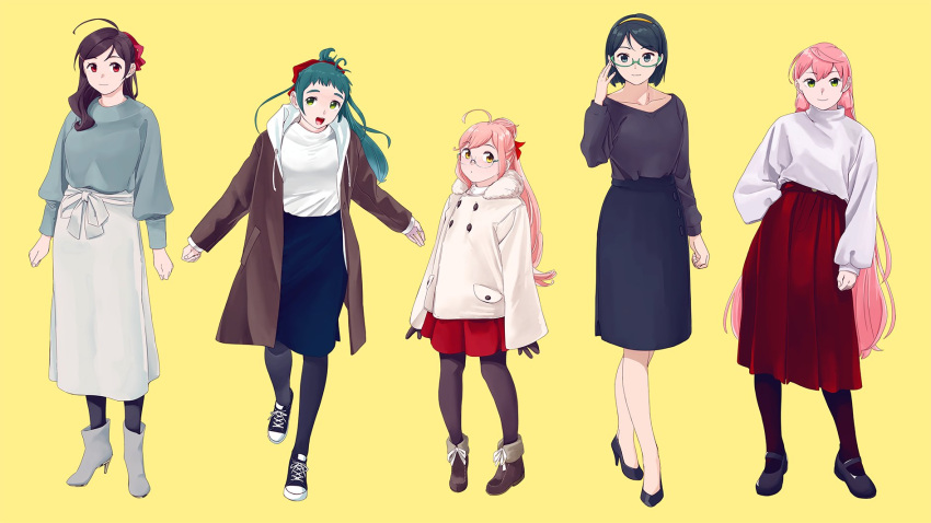 5girls adjusting_eyewear ahoge akashi_(kantai_collection) alternate_costume alternate_hairstyle black_blouse black_footwear black_hair black_legwear black_skirt blouse boots brown_coat brown_hair coat commentary_request double_bun full_body glasses green-framed_eyewear green_eyes green_hair grey_skirt grey_sweater hair_ribbon hairband high_heels highres irako_(kantai_collection) kantai_collection kirishima_(kantai_collection) long_hair long_skirt long_sleeves looking_at_viewer makigumo_(kantai_collection) mamiya_(kantai_collection) mary_janes multiple_girls ojipon pantyhose pink_hair pleated_skirt ponytail red_eyes red_skirt ribbon semi-rimless_eyewear shoes short_hair skirt sleeves_past_wrists sweater twintails white_coat white_sweater yellow_background yellow_eyes