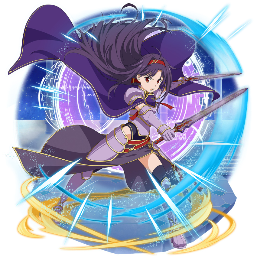 1girl ahoge bangs black_legwear cape dual_wielding faulds floating_hair full_body gauntlets hair_intakes hairband highleg highleg_leotard highres holding holding_sword holding_weapon leotard long_hair long_skirt looking_at_viewer official_art open_mouth purple_cape purple_hair purple_skirt red_eyes red_hairband running shiny shiny_hair shoulder_armor side_slit skirt solo spaulders sword sword_art_online thigh-highs transparent_background very_long_hair weapon yuuki_(sao)