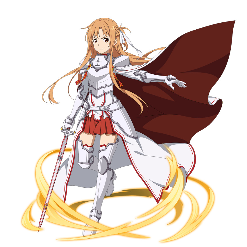 1girl armored_boots asuna_(sao) bangs boots braid breastplate brown_eyes brown_hair cape closed_mouth crown_braid floating_hair full_body gauntlets hair_ribbon highres holding holding_sword holding_weapon long_hair looking_at_viewer miniskirt official_art pleated_skirt red_cape red_skirt ribbon shiny shiny_hair skirt smile solo standing sword sword_art_online thigh-highs transparent_background very_long_hair waist_cape weapon white_cape white_legwear white_ribbon zettai_ryouiki