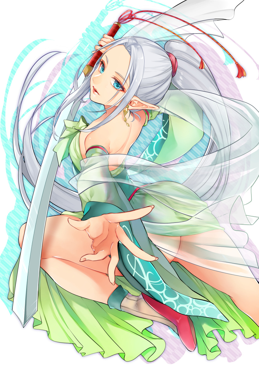 1girl absurdres ass backless_outfit bare_shoulders blue_eyes breasts detached_sleeves dress earrings elf green_dress highres holding holding_sword holding_weapon jewelry long_hair looking_at_viewer official_art pointy_ears ponytail red_footwear small_breasts solo sword very_long_hair weapon white_hair yumari_nakura