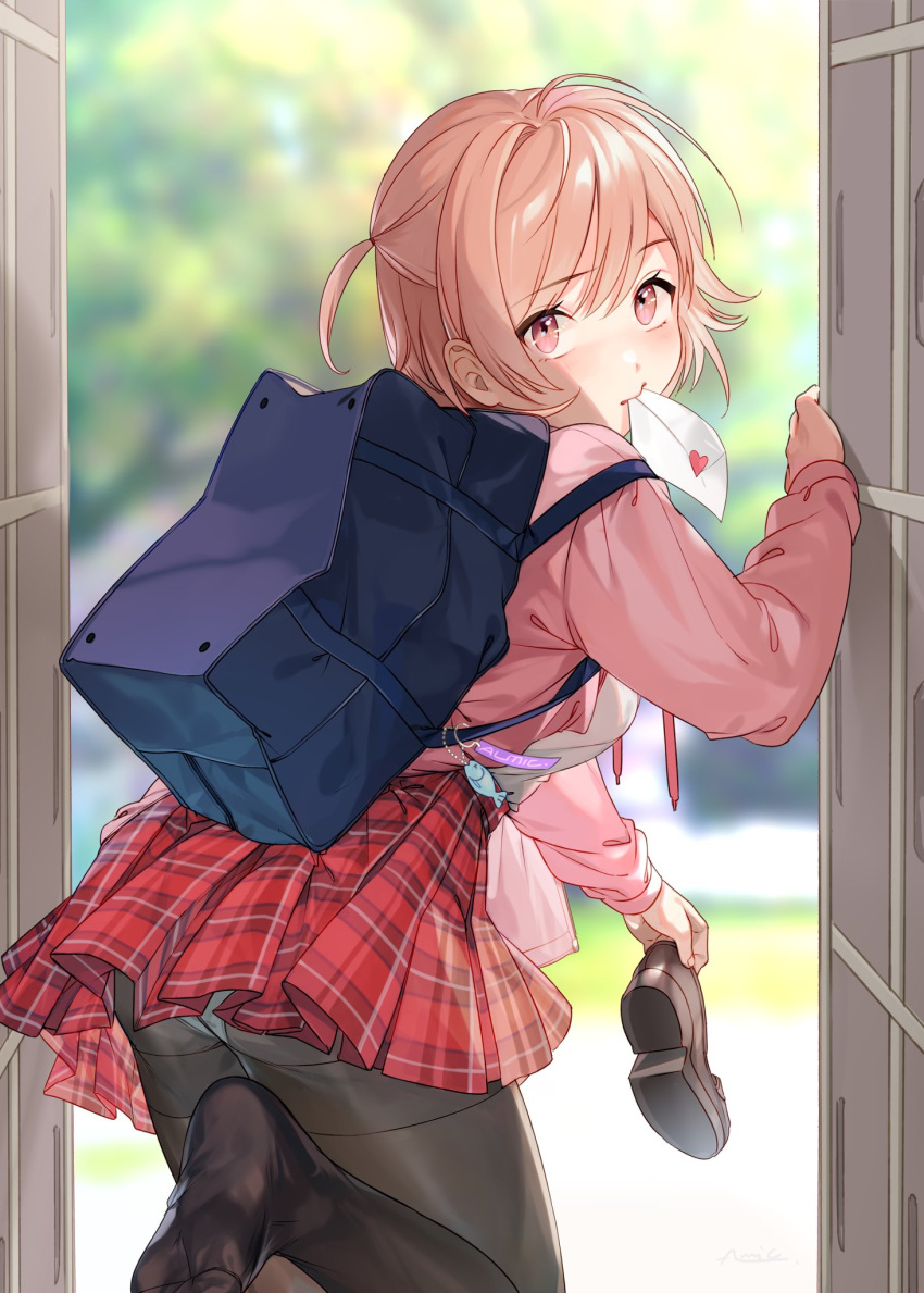 1girl ahoge al_mican ass bag bag_charm bangs blurry blurry_background blush breasts brown_footwear charm_(object) commentary_request day depth_of_field duffel_bag eyebrows_visible_through_hair from_behind highres holding holding_shoes indoors jacket leaning_forward leg_up loafers long_sleeves looking_at_viewer looking_back love_letter medium_breasts miniskirt mouth_hold one_side_up open_clothes open_door open_jacket orange_hair original panties panties_under_pantyhose pantyhose pantyshot pantyshot_(standing) parted_lips pink_jacket plaid pleated_skirt red_eyes red_skirt shirt shoes short_hair skirt soles solo standing standing_on_one_leg thighband_pantyhose underwear white_panties white_shirt