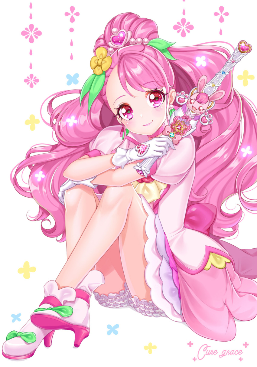 1girl back_bow bare_legs bloomers bow character_name choker closed_mouth cure_grace dress earrings flower full_body gloves green_bow hair_bun hair_flower hair_ornament hanadera_nodoka healin'_good_precure heart heart_hair_ornament high_heels highres holding holding_wand jewelry long_hair looking_at_viewer magical_girl momoanne32 pink_bow pink_eyes pink_hair pink_neckwear precure shoe_bow shoes simple_background sitting smile solo underwear wand white_background white_footwear white_gloves