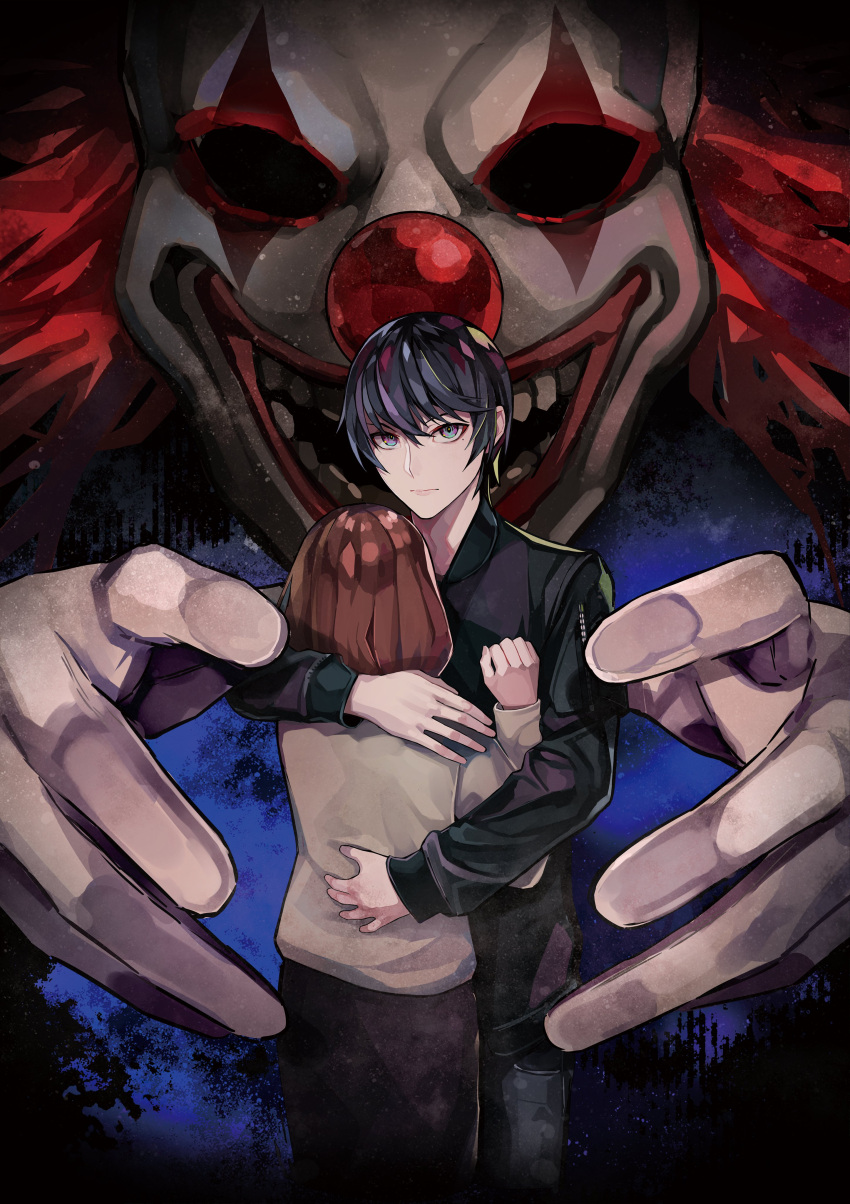 1boy 1girl 1other absurdres artist_request black_hair black_jacket brown_hair clown clown_mask hair_between_eyes highres hug jacket mask mole mole_under_eye open_mouth original smile standing teeth violet_eyes