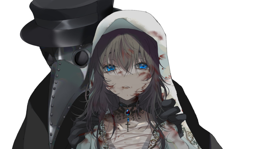 1girl 1other bangs black_cloak black_gloves black_headwear blood blood_on_face bloody_clothes bloody_hair blue_eyes brooch brown_hair cloak collarbone dress eyebrows_behind_hair gloves hair_between_eyes hands_on_another's_shoulders hat highres jewelry kayanogura latin_cross long_hair looking_at_viewer original parted_lips plague_doctor_mask simple_background upper_body veil white_background white_dress
