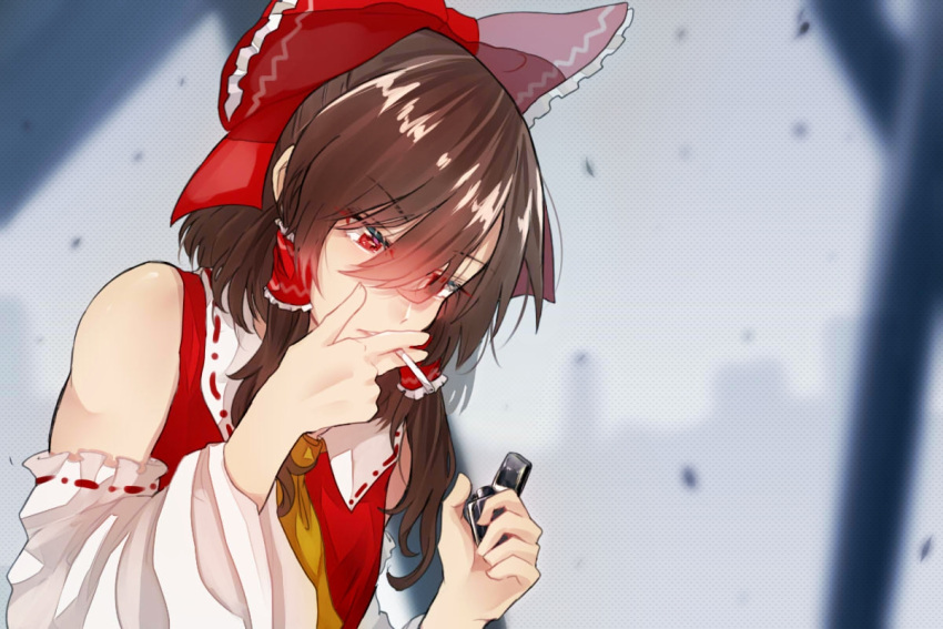 1girl ascot bow breasts brown_hair cigarette detached_sleeves eyebrows_visible_through_hair hair_between_eyes hair_bow hair_tubes hakurei_reimu himari-san_yanaika lighter lips medium_hair nontraditional_miko red_eyes sidelocks small_breasts smoking solo touhou upper_body wide_sleeves yellow_neckwear