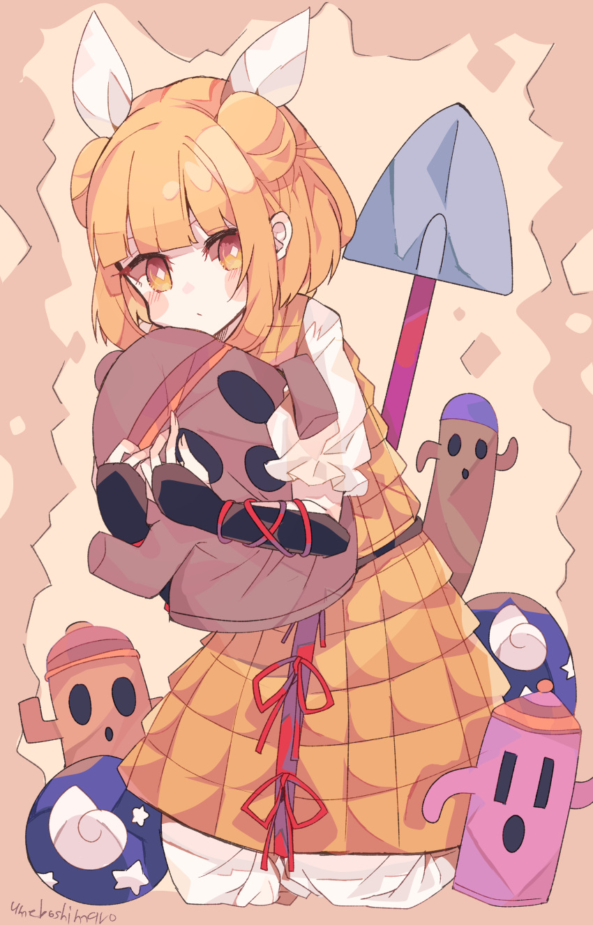 1girl absurdres artist_name blonde_hair blush_stickers brown_background double_bun dress frills hair_ribbon haniwa_(statue) highres holding joutouguu_mayumi kneeling looking_at_viewer object_hug red_ribbon ribbon shirt short_sleeves shovel solo stuffed_toy touhou umemaro_(siona0908) vambraces white_ribbon white_shirt yellow_dress yellow_eyes