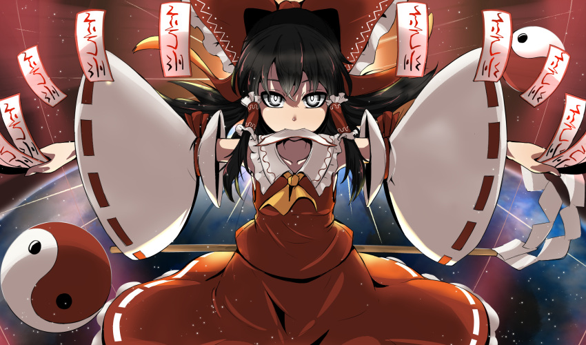 1girl black_hair bow commentary_request detached_sleeves earth epic_armageddon gohei grey_eyes hair_bow hair_tubes hakurei_reimu highres long_sleeves looking_at_viewer neck_ribbon nontraditional_miko ofuda outstretched_arms planet ribbon shirt sidelocks sleeveless sleeveless_shirt solo space touhou wide_sleeves yin_yang_orb