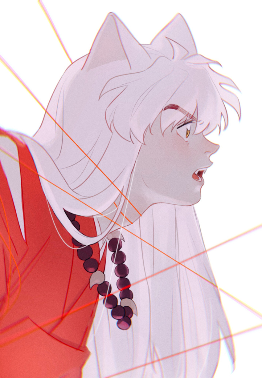 1boy animal_ears bead_necklace beads bracelet close-up face fangs from_side highres inuyasha inuyasha_(character) japanese_clothes jewelry long_hair necklace open_mouth profile red_string solo string teeth upper_body white_background yellow_eyes yuigacyako