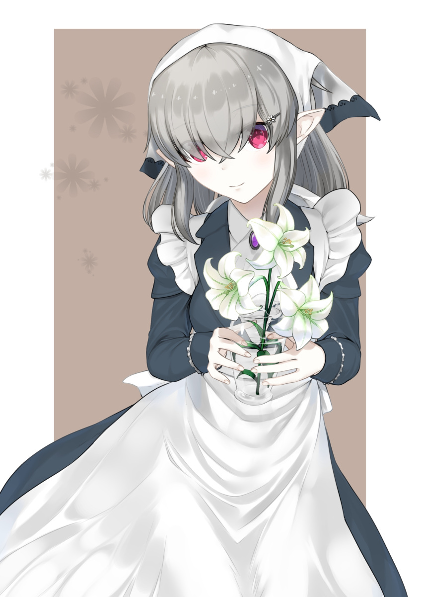 1girl apron bangs breasts brooch eyes_visible_through_hair flower grey_hair hair_ornament hairclip highres holding_vase jewelry lily_(flower) long_hair long_sleeves looking_at_viewer maid maid_apron medium_breasts original pointy_ears red_eyes satoshiki sidelocks simple_background solo standing vase