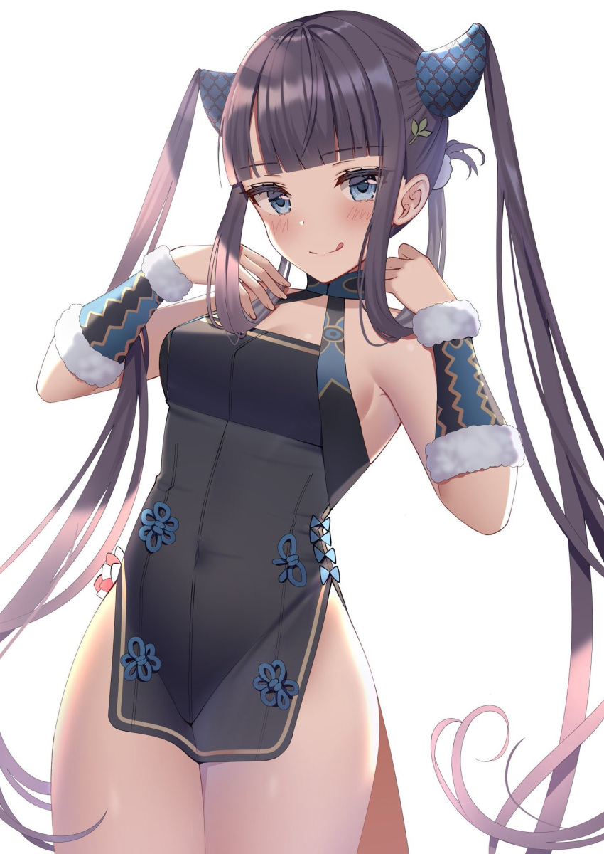 1girl :q bangs bare_shoulders black_dress black_hair blue_eyes blunt_bangs breasts covered_navel cowboy_shot dress fate/grand_order fate_(series) hair_ornament halter_dress hands_up highres izumo_neru long_hair looking_at_viewer medium_breasts pelvic_curtain short_dress sidelocks simple_background sleeveless solo thighs tongue tongue_out twintails very_long_hair white_background yang_guifei_(fate/grand_order)