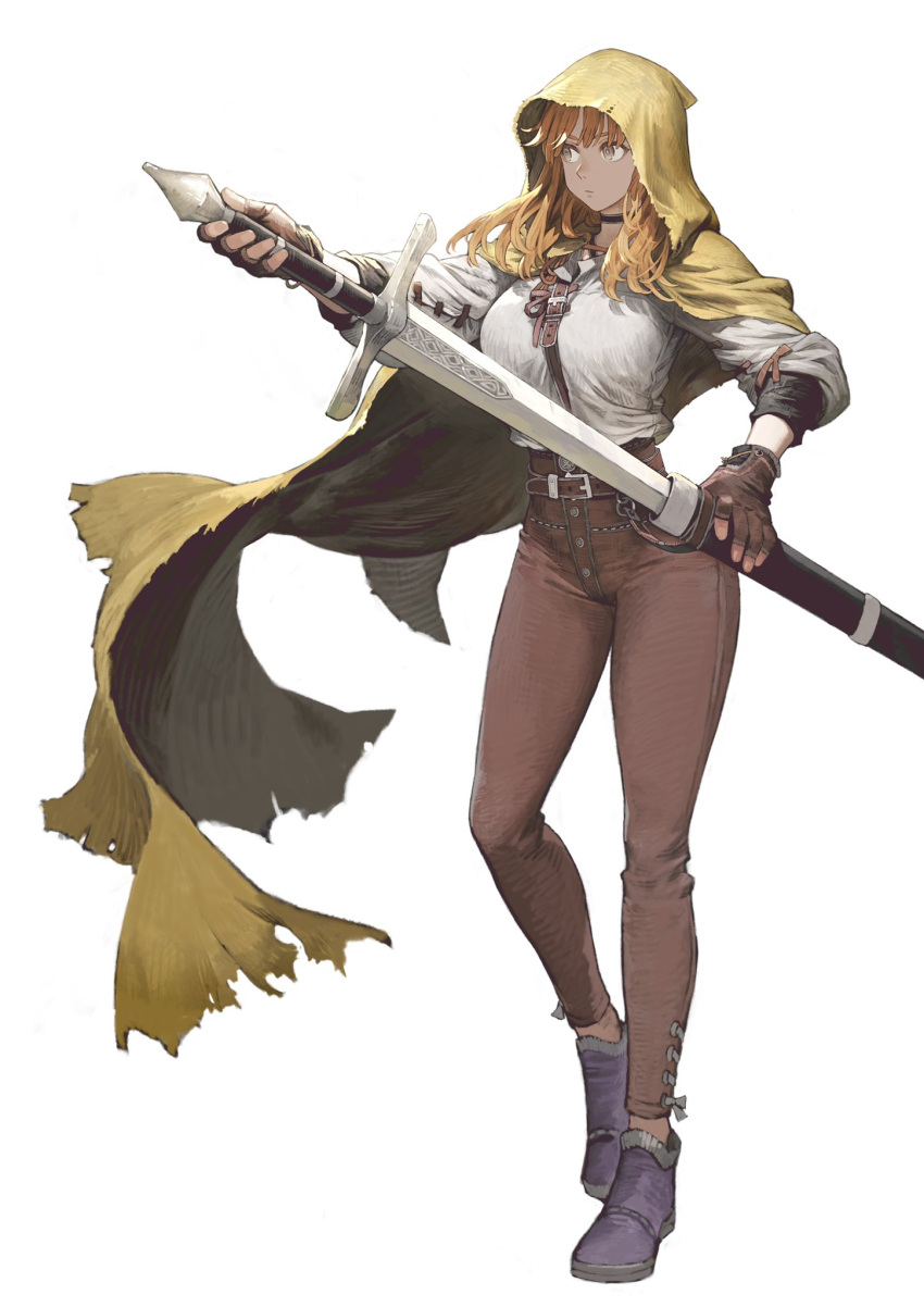 1girl bangs belt blonde_hair breasts brown_eyes brown_gloves choker cloak fingerless_gloves full_body gloves high-waist_pants highres holding hood hooded_cloak jun_(seojh1029) long_hair original sheath simple_background solo sword unsheathing weapon white_background