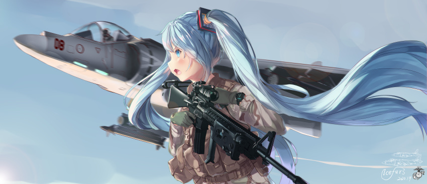 1girl absurdres aircraft airplane artist_name assault_rifle blue_eyes blue_hair dated fang fighter_jet gloves gun hatsune_miku highres icefurs jet load_bearing_vest long_hair m16 military military_operator military_vehicle open_mouth outdoors rifle sky twintails very_long_hair vocaloid watch watch weapon