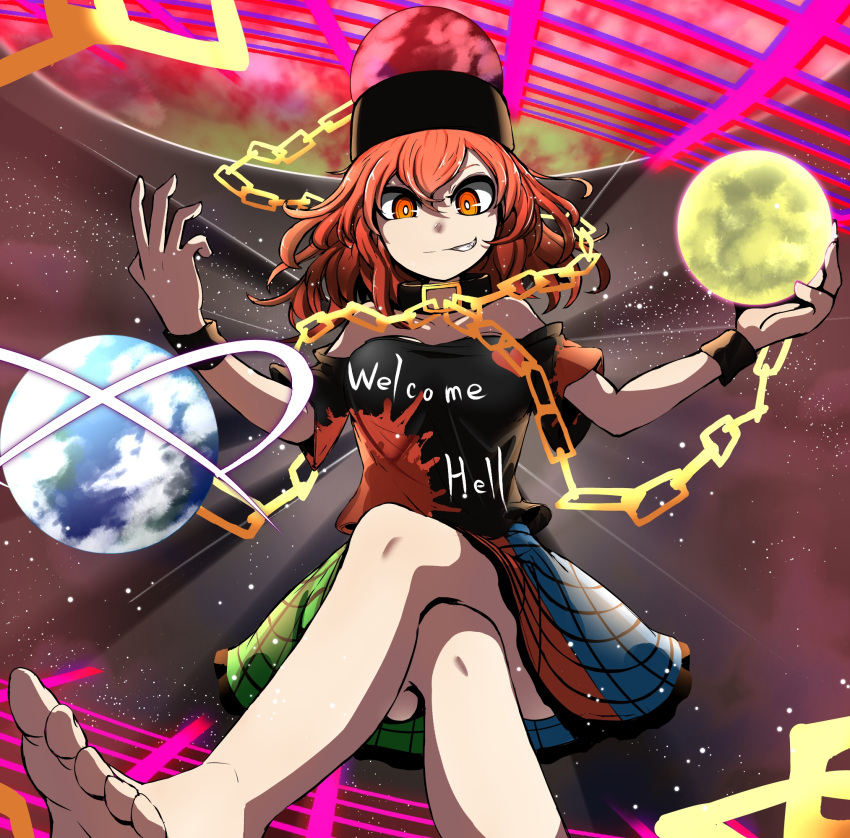 1girl bare_shoulders barefoot blood blood_splatter breasts chain collar commentary_request crossed_legs epic_armageddon grin hecatia_lapislazuli highres medium_breasts multicolored multicolored_clothes multicolored_skirt orange_eyes orange_hair plaid plaid_skirt planet shirt short_sleeves skirt smile solo space t-shirt touhou wristband