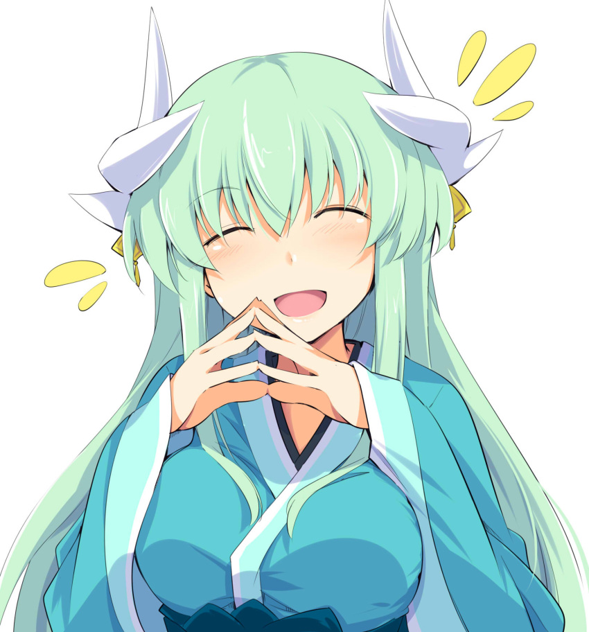 1girl bangs blush breasts chata_maru_(irori_sabou) closed_eyes dragon_horns eyebrows_visible_through_hair fate/grand_order fate_(series) green_hair highres horns japanese_clothes kimono kiyohime_(fate/grand_order) large_breasts long_hair long_sleeves simple_background smile solo white_background wide_sleeves