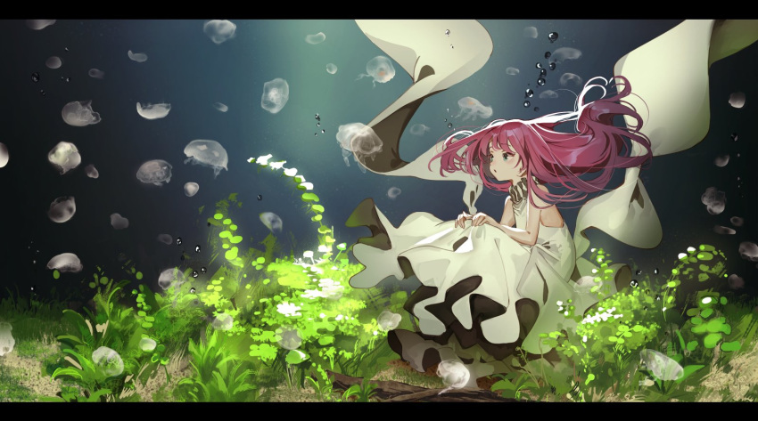 1girl air_bubble blue_eyes bubble dress floating_hair from_side hands_on_own_knees highres jellyfish letterboxed long_hair looking_away ocean_bottom original pink_hair plant shio_(s_alt_shio) sitting sleeveless sleeveless_dress solo squatting sunlight underwater water white_dress wide_shot