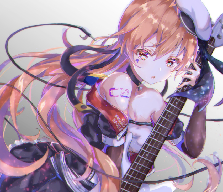 1girl alternate_costume alternate_hairstyle bare_shoulders bass_guitar black_footwear black_gloves black_legwear black_skirt boots breasts brown_eyes cable choker collarbone dress elbow_gloves electric_guitar fingerless_gloves full_body gloves guitar hair_ornament hair_ribbon highres holding holding_instrument idol instrument johnston_(kantai_collection) kantai_collection light_brown_hair long_hair medium_breasts off-shoulder_dress off_shoulder pleated_skirt ribbon sa-ya2 shirt side_ponytail single_elbow_glove single_glove skirt solo two_side_up