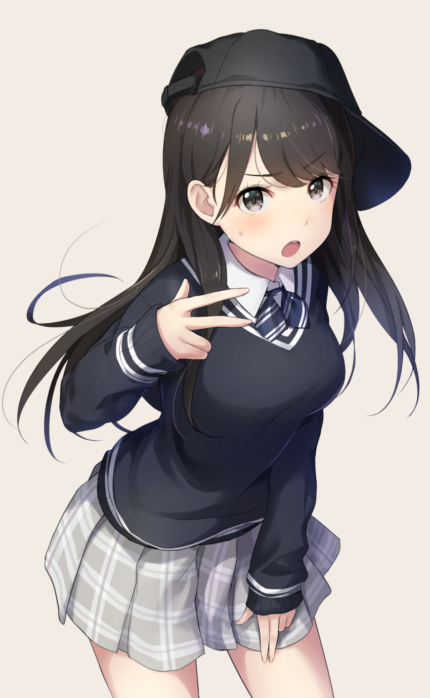 1girl :o bangs baseball_cap black_hair black_headwear black_sweater blush breasts brown_background brown_eyes collared_shirt commentary_request diagonal-striped_neckwear diagonal_stripes eyebrows_visible_through_hair grey_skirt hand_up hat highres leaning_forward long_hair long_sleeves looking_at_viewer medium_breasts open_mouth original plaid plaid_skirt pleated_skirt sakusaku shirt sideways_hat simple_background skirt sleeves_past_wrists solo striped striped_neckwear sweat sweater upper_teeth v-shaped_eyebrows very_long_hair w white_shirt