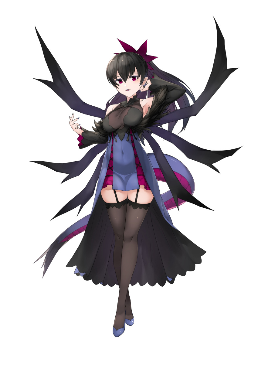 1girl absurdres black_legwear black_nails blue_footwear blue_skirt bow breasts covered_navel detached_sleeves full_body fur_trim garter_straps hair_between_eyes hair_bow hand_up highres hydreigon long_hair long_sleeves looking_at_viewer medium_breasts mole mole_under_eye parted_lips personification pokemon ponytail satoshiki simple_background skirt solo standing tail thigh-highs