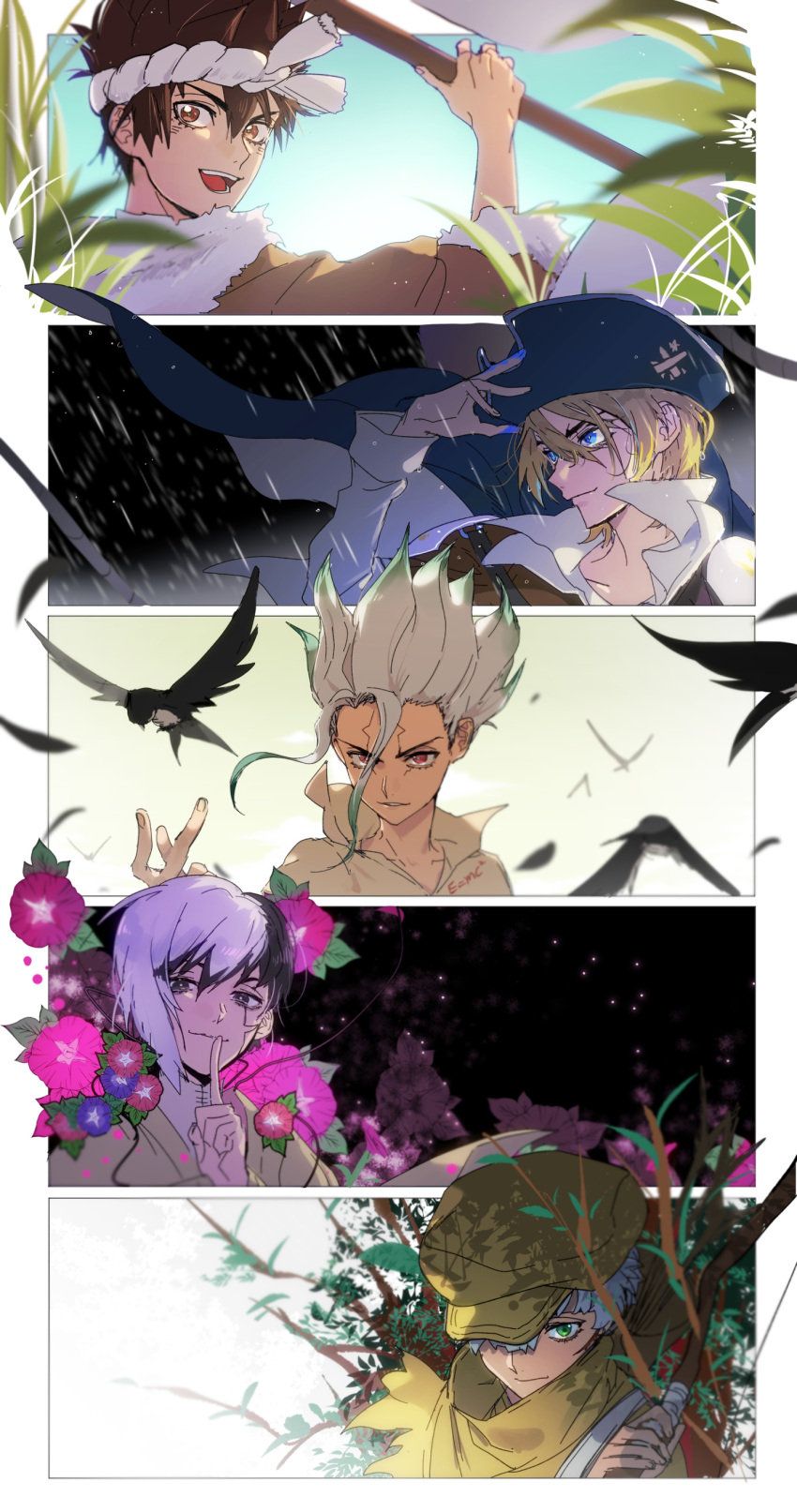 5boys :d absurdres arrow asagiri_gen bird black_hair blonde_hair bow_(weapon) brown_eyes brown_hair cap cape character_request chrome_(dr._stone) day doran7280 finger_to_mouth flower green_eyes green_hair grey_hair hair_between_eyes hair_over_one_eye hat highres ishigami_senkuu looking_at_viewer male_focus morning_glory multicolored_hair multiple_boys nanami_ryuusui open_mouth quiver rain smile streaked_hair two-tone_hair upper_body weapon white_hair