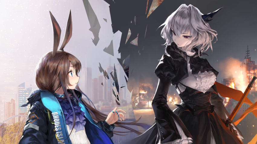 2girls absurdres amiya_(arknights) animal_ears arknights blue_eyes brown_hair charles_(106858) cityscape commentary cravat fire highres horn jacket jewelry long_hair long_sleeves looking_at_another multiple_girls rabbit_ears red_eyes ring short_hair silver_hair talulah_(arknights)