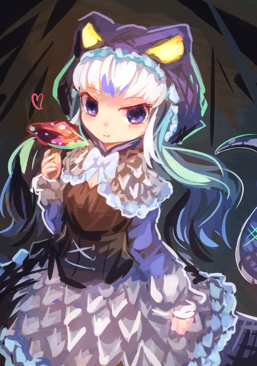1girl :t absurdres arm_at_side bangs blue_eyes blue_hair bow bowtie capelet center_opening closed_mouth corset cowboy_shot dress eating eyebrows_visible_through_hair food hand_up heart highres holding holding_food holding_mushroom hood hood_up hooded_capelet kemono_friends komodo_dragon_(kemono_friends) komodo_dragon_tail long_sleeves looking_at_viewer maki_gamin medium_dress multicolored_hair mushroom solo tail two-tone_hair white_hair