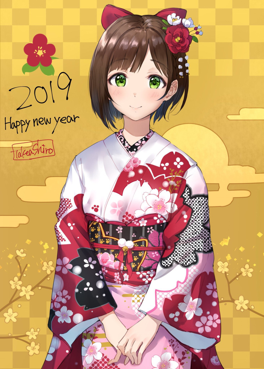 1girl 2019 artist_name brown_hair checkered checkered_background cherry_blossom_print cherry_blossoms cowboy_shot egasumi eyebrows_visible_through_hair floral_print flower green_eyes hair_flower hair_ornament hair_ribbon hands_together happy_new_year highres idolmaster idolmaster_cinderella_girls japanese_clothes kanzashi kimono looking_at_viewer maekawa_miku new_year print_kimono red_ribbon ribbon short_hair smile solo tagme takeashiro tree_branch yellow_background