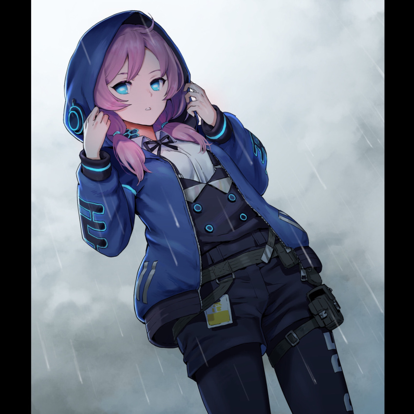 1girl arknights belt belt_pouch blue_eyes blue_jacket blue_poison_(arknights) bow bowtie clouds cloudy_sky dress_shirt frog_eyes glowing highres hood hoodie jacket looking_at_viewer pantyhose pink_hair pouch rain shirt shorts sky solo_focus suspenders twintails ume_(yume_uta_da) vest water_drop