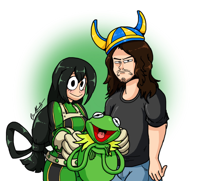 &gt;:( 1girl 2boys angry annoyed asui_tsuyu black_eyes black_shirt blush_stickers bodysuit boku_no_hero_academia brown_hair closed_mouth commentary crossover facial_hair frog frog_girl frown gloves green_background green_bodysuit green_hair hair_between_eyes hat joel_(vinesauce) kermit_the_frog long_hair looking_at_viewer multiple_boys muppets shiny shiny_clothes shiny_hair shirt shitforbrainschan short_sleeves simple_background smile standing trait_connection very_long_hair vinesauce white_background