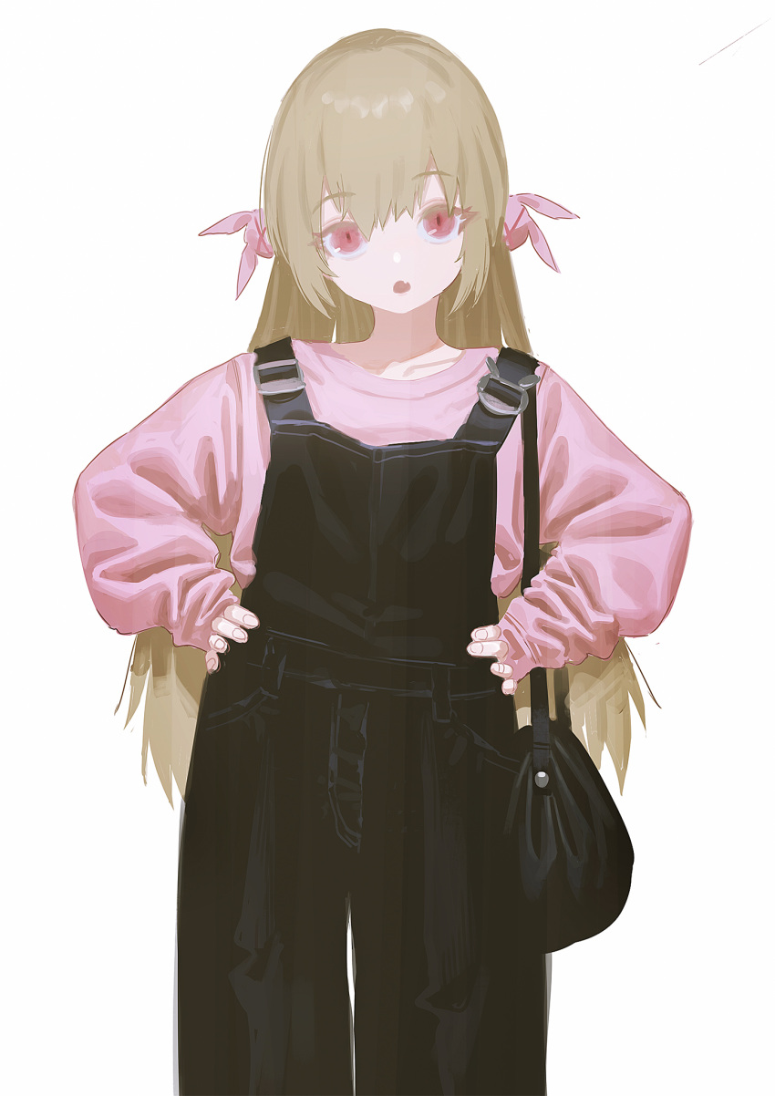 1girl bag black_bag black_overalls bunny_hair_ornament eyebrows_visible_through_hair hair_ornament hands_on_hips highres light_brown_hair long_hair long_sleeves looking_at_viewer natori_sana open_mouth overalls pink_shirt puffy_long_sleeves puffy_sleeves red_eyes reoen sana_channel shirt shoulder_bag simple_background solo very_long_hair virtual_youtuber white_background