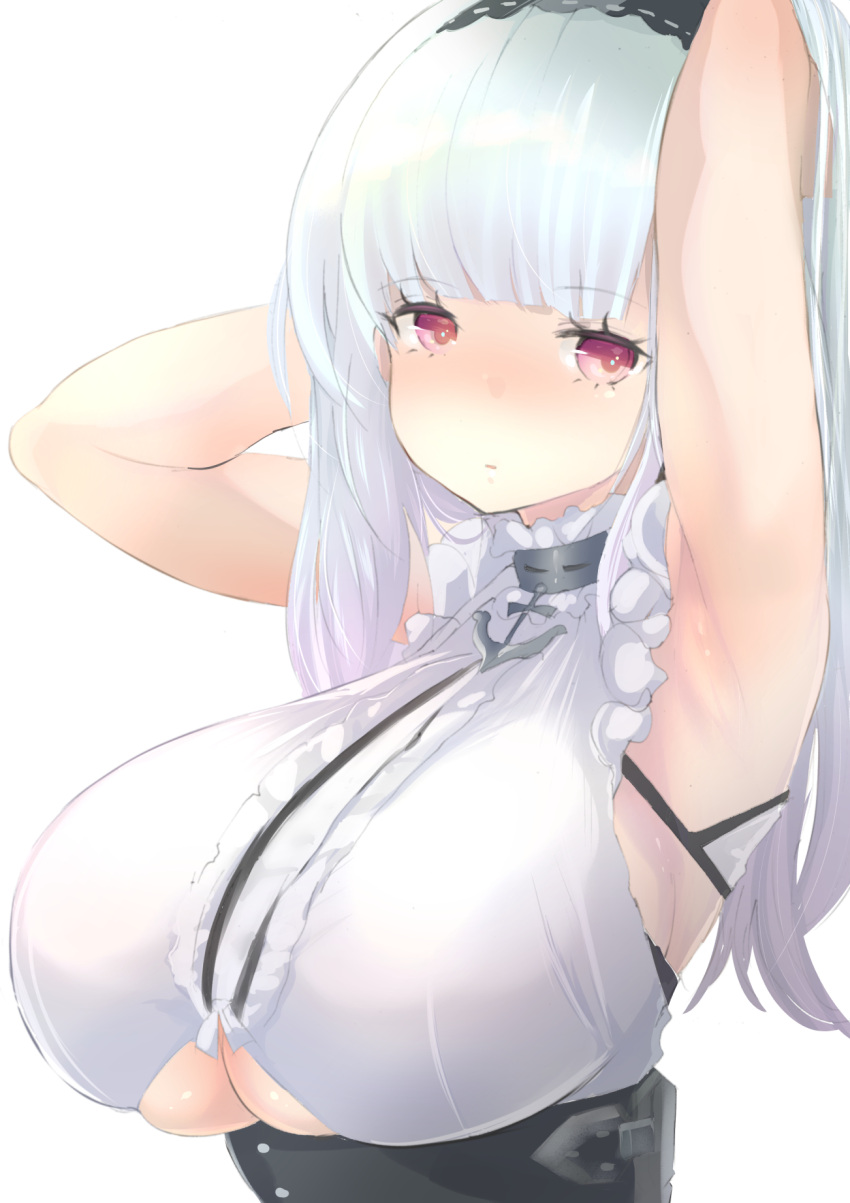 1girl armpits arms_behind_head azur_lane bangs blue_hair breasts dido_(azur_lane) eyebrows_visible_through_hair hairband highres kisaki_(strange_s_k) large_breasts long_hair looking_at_viewer simple_background solo violet_eyes white_background