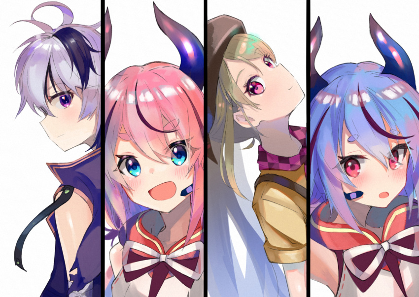 2girls 2others androgynous bandaged_arm bandages beret blue_eyes blue_hair blush checkered checkered_neckwear closed_mouth column_lineup company_connection expressionless flower_(vocaloid) from_side green_hair hat head_tilt headset horns jacket japanese_clothes long_hair looking_at_viewer meika_hime meika_mikoto microphone multicolored_hair multiple_girls multiple_others neck_ribbon note55885 open_mouth pink_hair purple_hair purple_jacket red_eyes ribbon shirt short_hair sleeveless sleeveless_jacket smile streaked_hair v_flower_(vocaloid4) violet_eyes vocaloid white_background white_hair xin_hua yellow_shirt