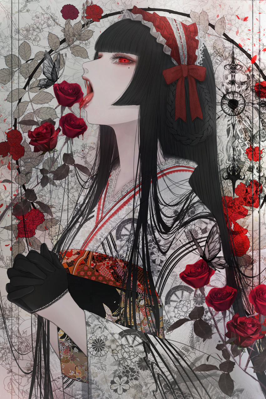 1girl absurdres bangs black_butterfly black_gloves black_hair blood blunt_bangs bonnet braid bug butterfly eyelashes fangs floral_print flower frills genjiguruma gloves gothic_lolita hair_rings half_gloves highres hime_cut huge_filesize insect interlocked_fingers japanese_clothes kikkoumon kikumon kimono lace lace-trimmed_gloves licking lolita_fashion long_hair long_sleeves mole mole_under_eye obi open_mouth original own_hands_together pale_skin petals plant red_eyes red_flower red_lips red_ribbon red_rose ribbon rose sash satsuki_kei sidelocks solo straight_hair symbol_commentary tongue tongue_out unmoving_pattern upper_body vampire vines wide_sleeves