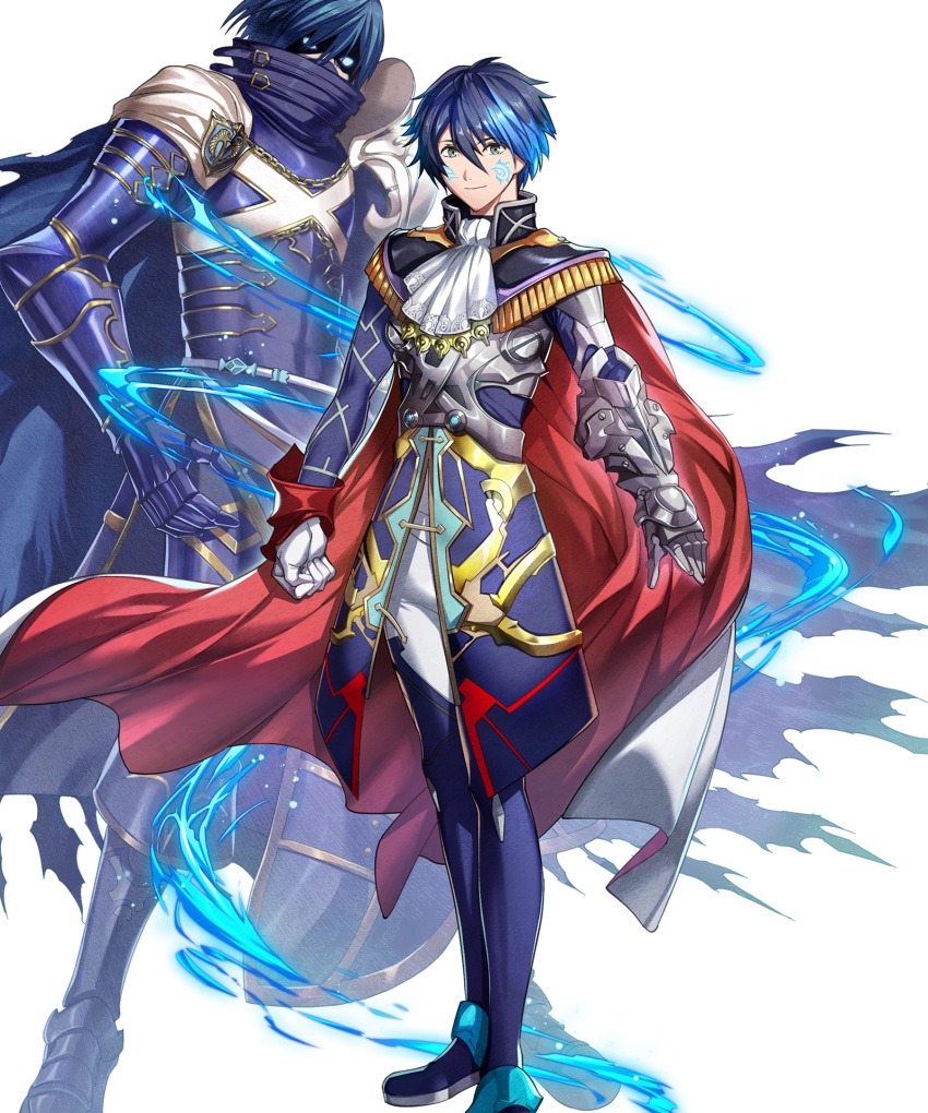 1boy aoi_itsuki armored_boots belt blue_eyes blue_hair boots cape chrom_(fire_emblem) epaulettes facial_mark fire_emblem fire_emblem_heroes full_body gen'ei_ibunroku_sharp_fe gloves highres mikurou_(nayuta) official_art transparent_background