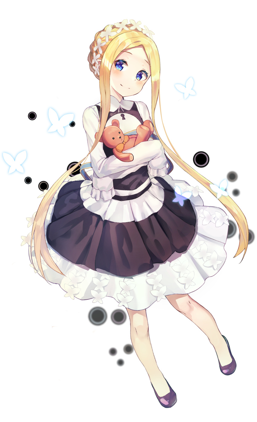 1girl 3h_(artist) abigail_williams_(fate/grand_order) absurdres bangs black_footwear black_skirt blonde_hair blue_eyes blush braid breasts bug butterfly closed_mouth dress fate/grand_order fate_(series) forehead french_braid full_body highres insect keyhole long_hair long_sleeves looking_at_viewer maid_headdress object_hug parted_bangs sidelocks simple_background skirt sleeves_past_fingers sleeves_past_wrists small_breasts smile solo stuffed_animal stuffed_toy teddy_bear white_background white_dress
