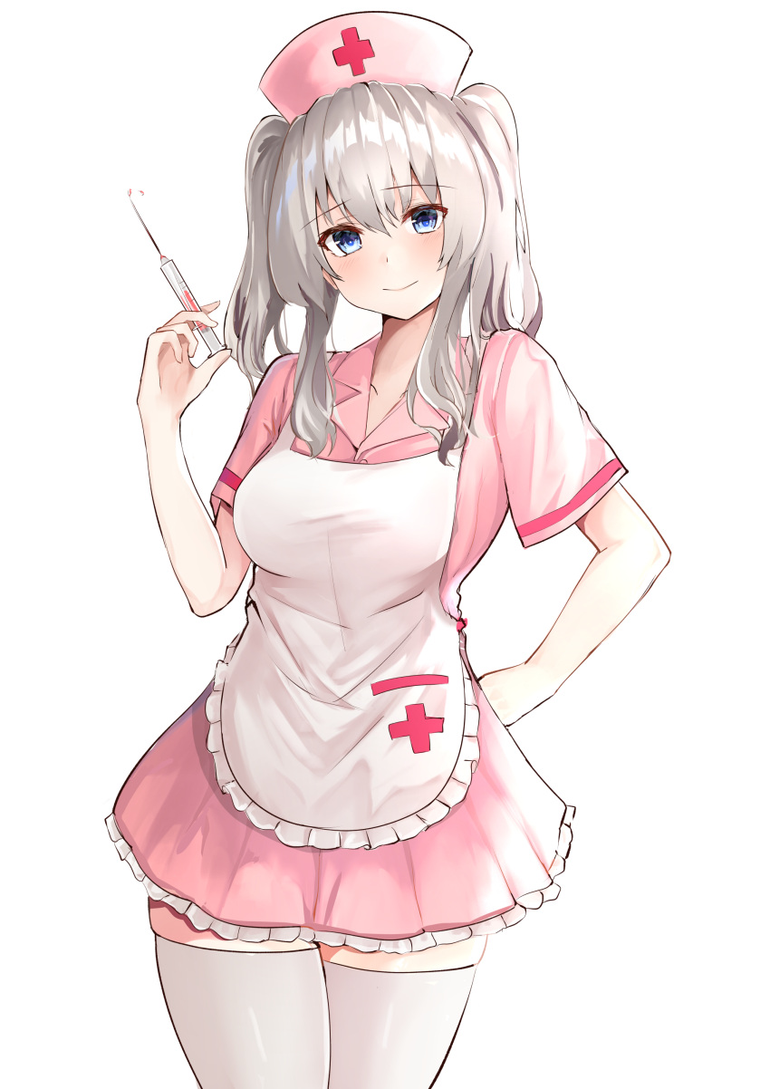 1girl absurdres alternate_costume apron blue_eyes blush breasts closed_mouth dress eyebrows_visible_through_hair hair_between_eyes hat highres kantai_collection kashima_(kantai_collection) large_breasts long_hair looking_at_viewer nurse nurse_cap pleated_dress red_cross shiina_aoi sidelocks silver_hair simple_background smile solo syringe thigh-highs twintails uniform wavy_hair white_background white_legwear