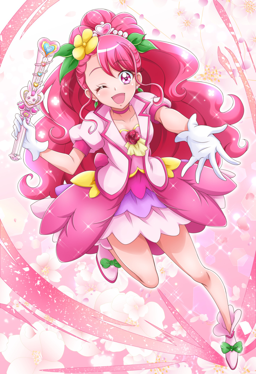 1girl :d back_bow bare_legs bow choker collarbone cure_grace earrings floral_background flower gloves green_bow hair_bun hair_flower hair_ornament hanadera_nodoka hanzou healin'_good_precure heart heart_hair_ornament highres holding holding_wand jewelry layered_skirt long_hair looking_at_viewer magical_girl open_mouth outstretched_hand pink_background pink_bow pink_eyes pink_flower pink_hair pink_neckwear pink_rose pink_theme precure rose shoe_bow shoes smile solo wand white_background white_footwear white_gloves