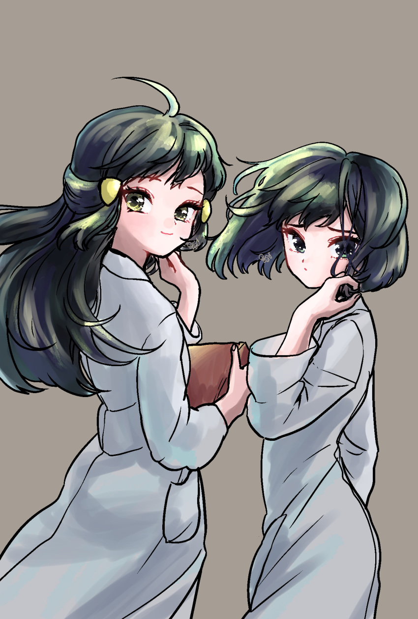 2girls ahoge bangs black_eyes black_hair grey_background hair_ornament highres labcoat long_hair looking_at_viewer minapo moon_(pokemon) multiple_girls platinum_berlitz pocket pokemon pokemon_special short_hair sidelocks signature simple_background smile standing yellow_eyes