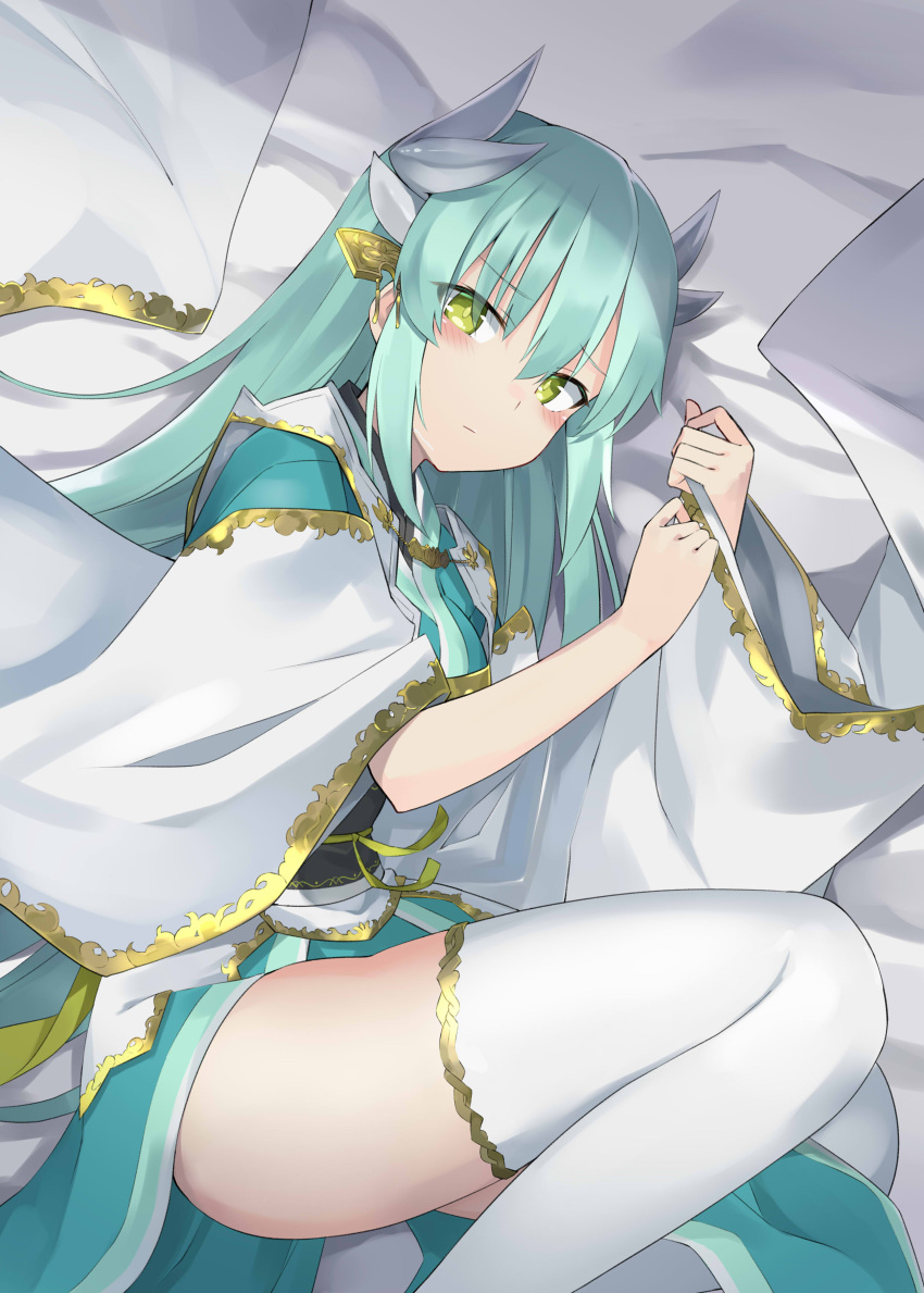 100 1girl absurdres aqua_hair bed_sheet breasts closed_mouth commentary_request fate/grand_order fate_(series) green_eyes hair_ornament highres horns japanese_clothes kiyohime_(fate/grand_order) long_hair long_sleeves looking_at_viewer lying medium_breasts obi on_side sash solo thigh-highs thighs very_long_hair white_legwear wide_sleeves