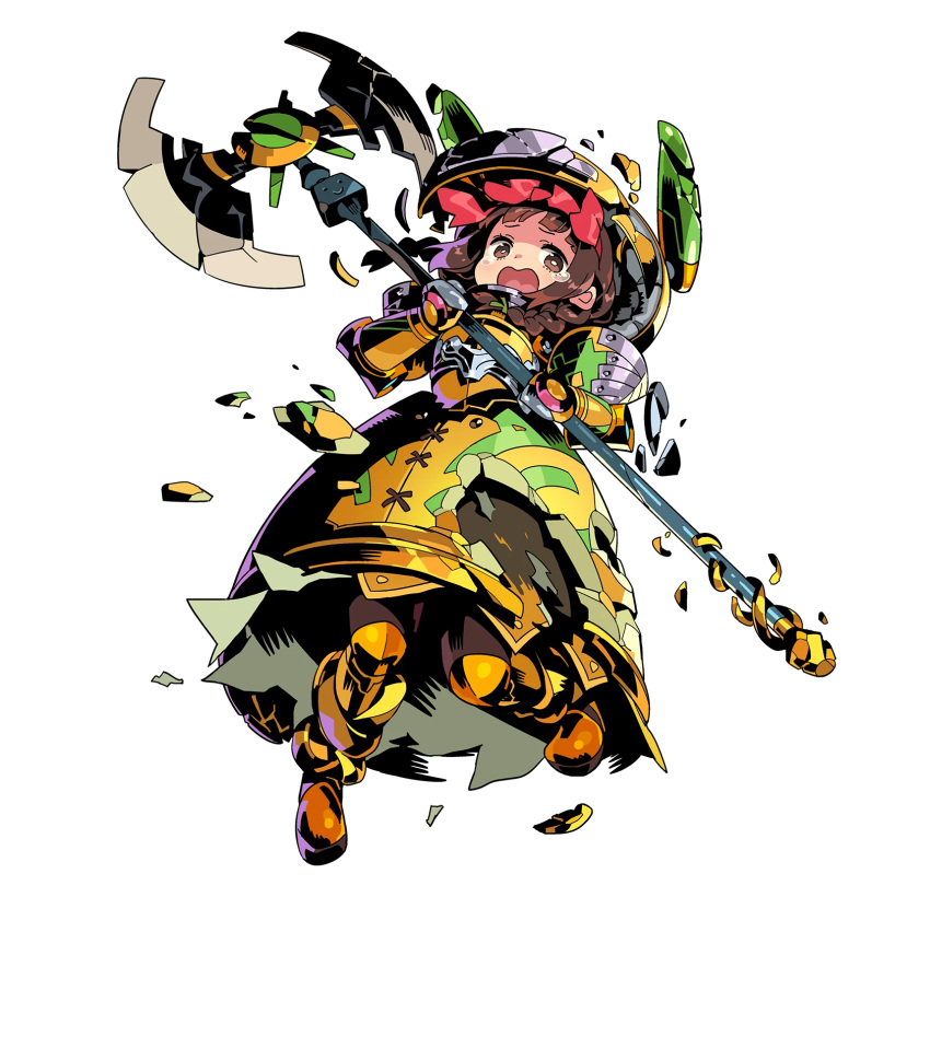 1girl armor armored_boots axe boots bow braid brown_eyes crying fire_emblem fire_emblem_heroes full_body gen'ei_ibunroku_sharp_fe gloves helmet highres himukai_yuuji long_hair minamoto_mamori official_art open_mouth teeth torn_clothes transparent_background twin_braids