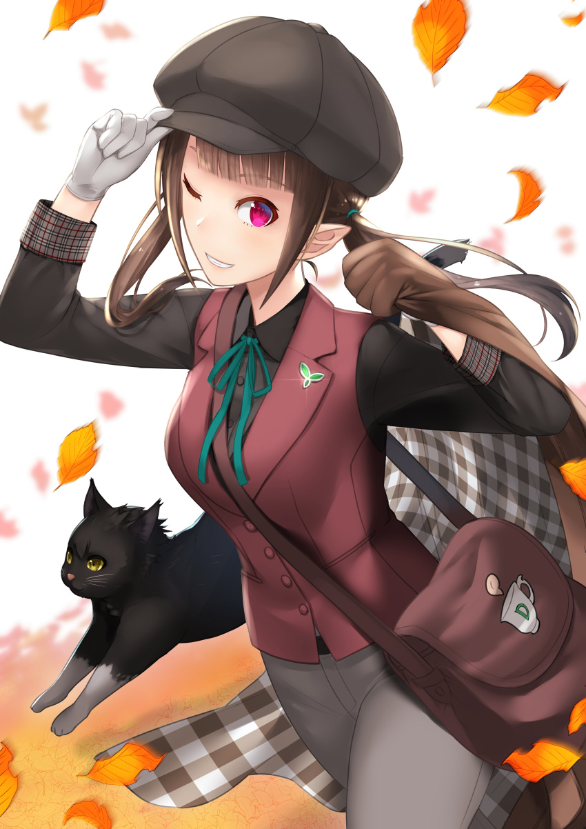 1girl ;) absurdres adjusting_clothes adjusting_hat aqua_ribbon autumn_leaves bag bangs black_cat black_headwear blunt_bangs cat glint gloves grey_pants handbag hat highres lapel_pin leaf long_sleeves neck_ribbon one_eye_closed original outdoors pants parted_lips pointy_ears ribbon satoshiki sidelocks smile twintails vest white_background white_gloves