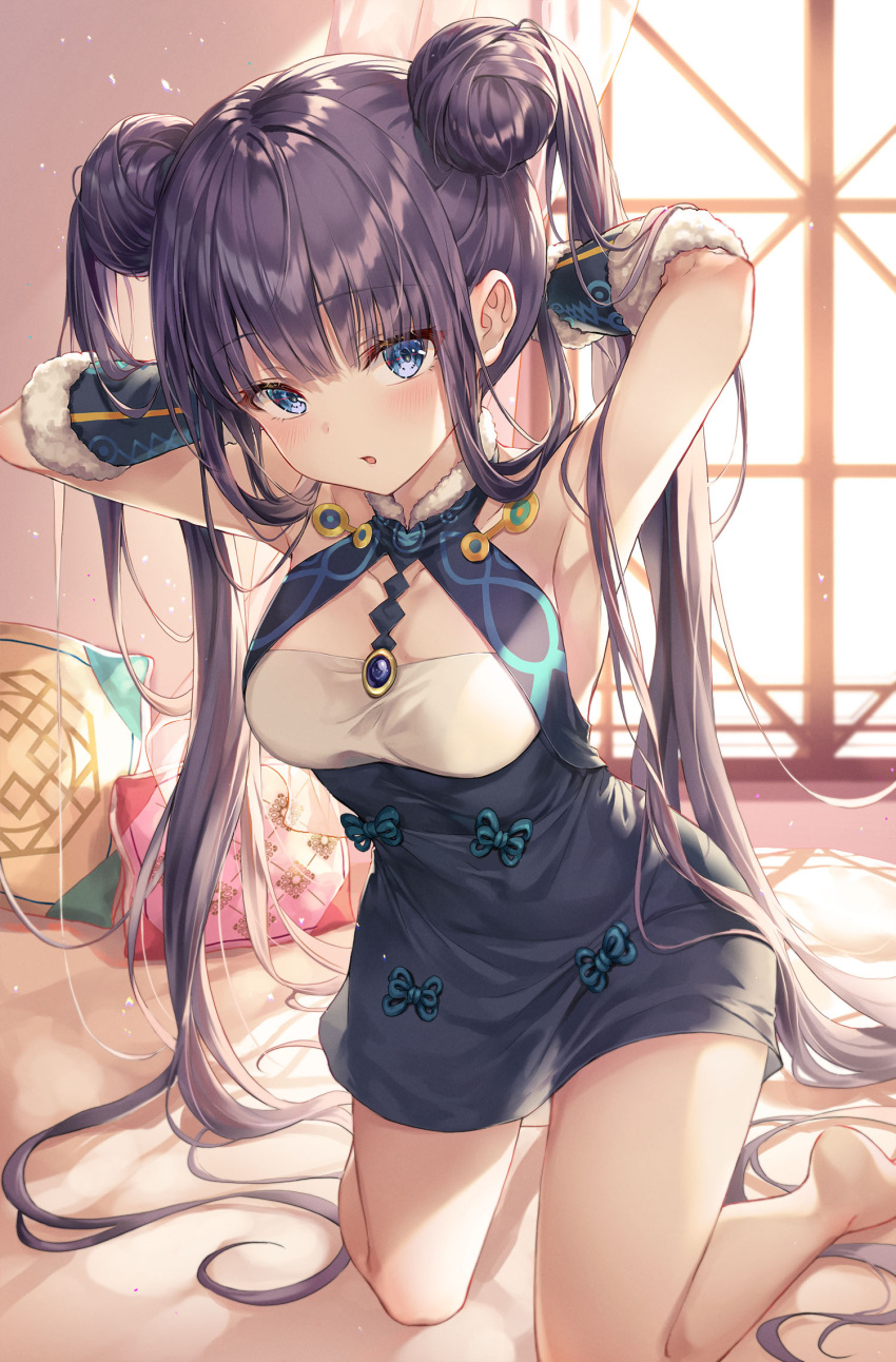 1girl bangs bare_shoulders black_dress blue_eyes blunt_bangs blush breasts china_dress chinese_clothes double_bun dress fate/grand_order fate_(series) highres large_breasts long_hair looking_at_viewer open_mouth purple_hair r_o_ha short_dress sidelocks solo thighs twintails very_long_hair yang_guifei_(fate/grand_order)