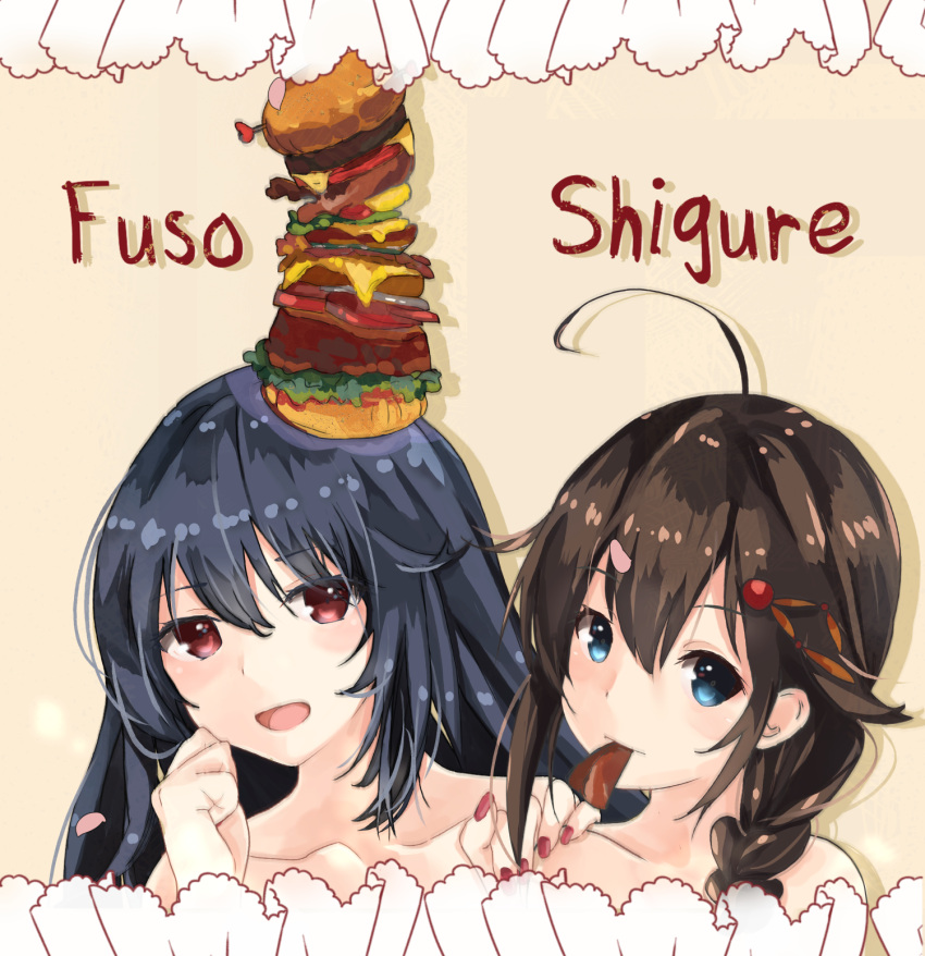 2girls black_hair blue_eyes brown_hair cake_no_shaberu fusou_(kantai_collection) hair_over_shoulder highres kantai_collection long_hair looking_at_viewer multiple_girls open_mouth red_eyes shigure_(kantai_collection) smile