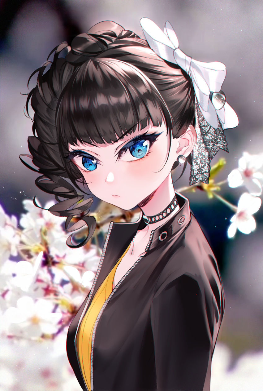 1girl absurdres bangs baocaizi black_hair black_jacket blue_eyes blurry blurry_background blush bow closed_mouth collarbone depth_of_field drill_hair earrings eyelashes flower from_side hair_bow highres jacket jewelry looking_at_viewer looking_to_the_side mitsurugi_saki open_clothes open_jacket shirt side_ponytail solo ultra_series ultraman_r/b upper_body v-shaped_eyebrows white_bow white_flower yellow_shirt